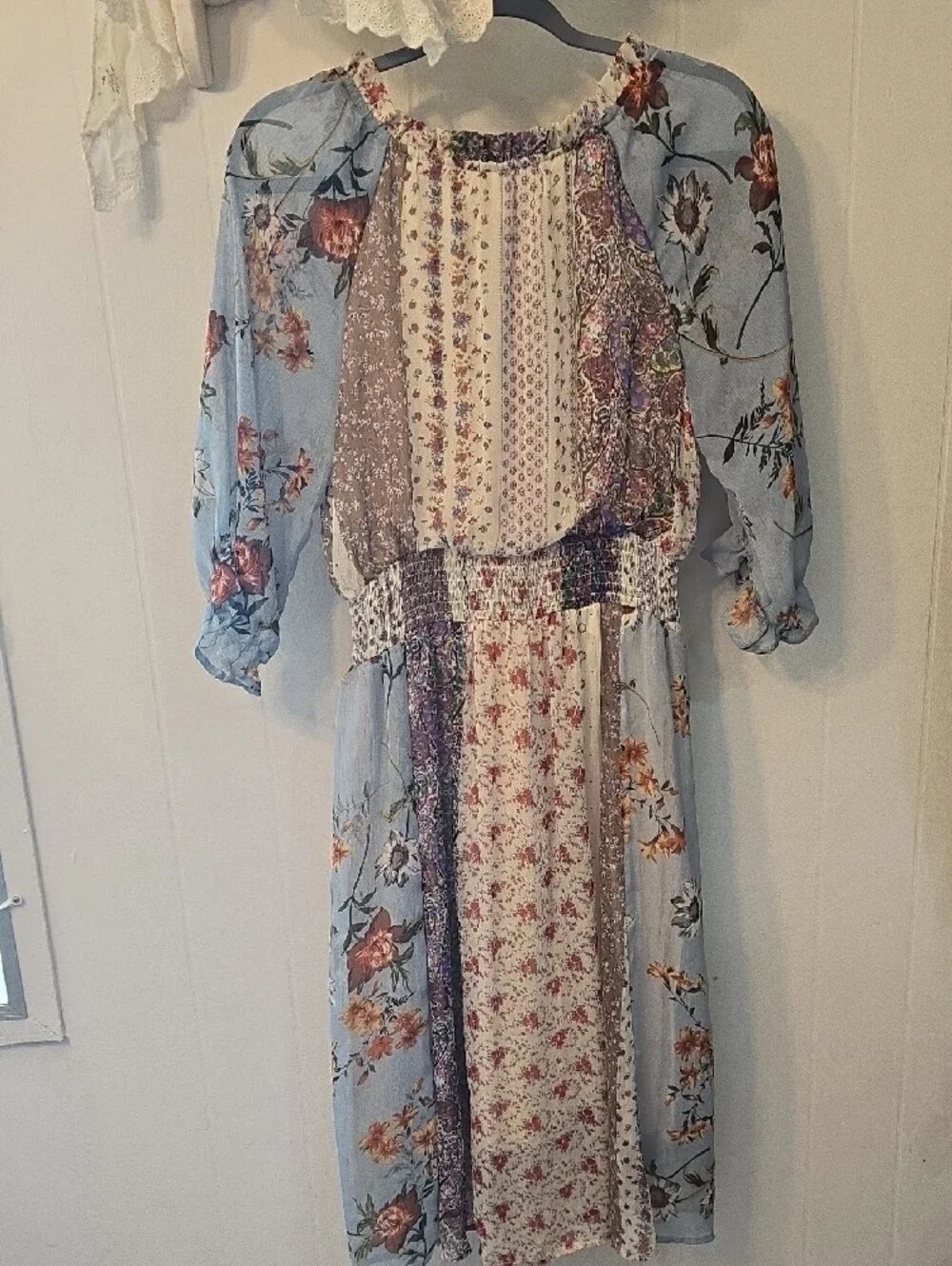 Boho Floral Patchwork Midi Dress in Light Blue
